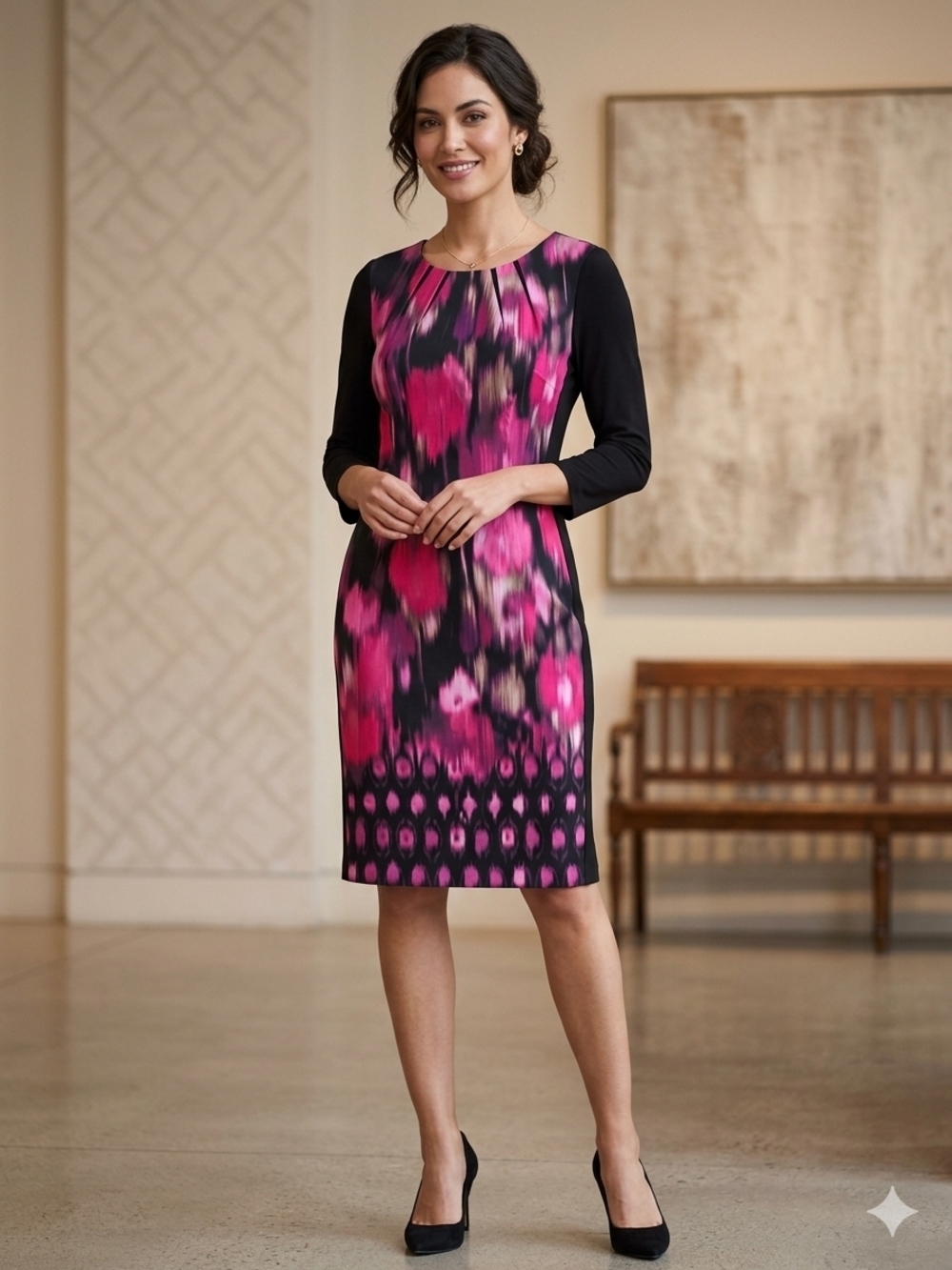 Elie Tahari Black Dress with Hot Pink Floral Print